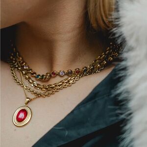 18K Gold Plated Elegant Pendant Oval Red Agate Necklace